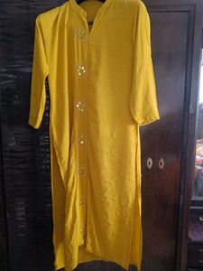 Stylish Mustard Yellow Long Kurti With Mirror Work