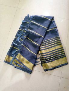 Elegant Blue &amp; Gold Striped Saree