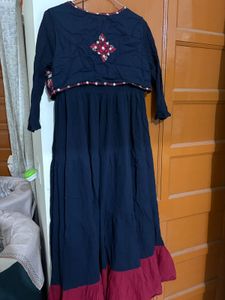 Elegant Navy Maxi Dress with Embroidered Jacket