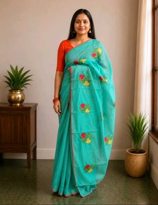 Beautiful Teal Saree with Floral Embroidery