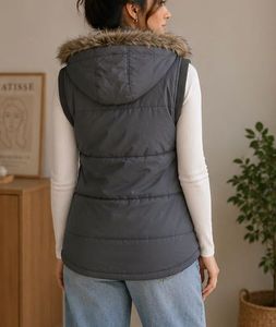 Puffer Vest with Fur Hood in y2k style