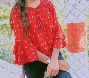 Red Floral Print Bell Sleeve Top