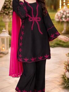 Elegant Black Kurta Set with Pink Embroidery