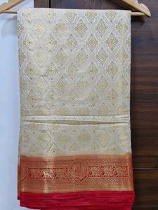 Cream &amp; Red Brocade Saree