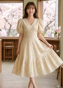 Chic Gingham Puff Sleeve Midi Dress