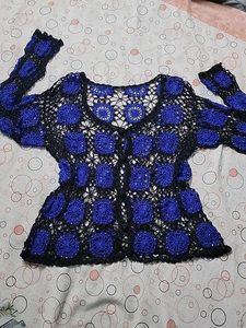 Crocheted Blue & Black Cardigan