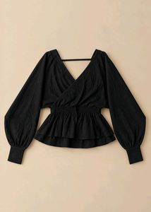 BLACK WRAP-STYLE BLOUSE WITH PUFF SLEEVES