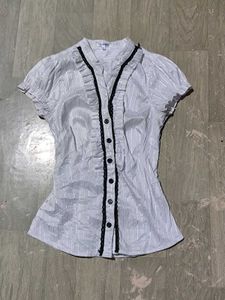 Vintage Striped Ruffle Front Puff Sleeve Blouse