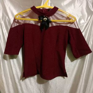 Maroon Sheer Neckline Top with Bow Detail