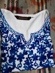 Embroidered White And Blue Short Kurti 🤍💙