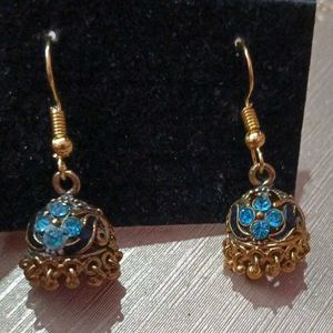 Gold Jhumka Earrings with Blue Stones
