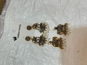 set of 2 Golden Oxidized Elephant Jhumka Earrings