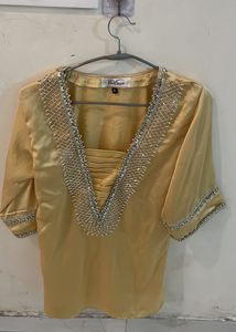 Beaded V-Neck Yellow Kurta