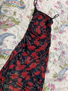 Chic Rose Print Ruched Maxi Dress