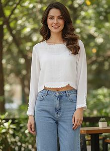 Fab White Cropped Long Sleeve Top