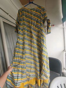 Aks Clothing, Medium Size, Long Ankle Length Yellow Kurti With In Built Koti