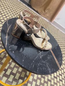 Elegant Gold Block Heels with Pearl Embellishments