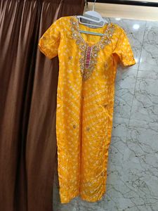Embroidered Yellow Readymade Kurta with unstitched