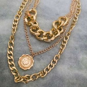 Layered Gold Chain Necklace with Coin Pendant