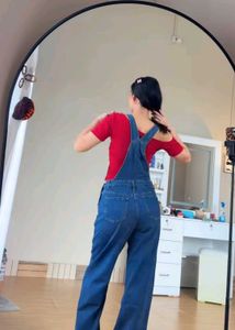 Stylish Denim Overalls with Red Top