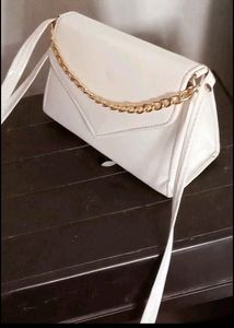White Slingbag With Golden Chain For Girls And Wom