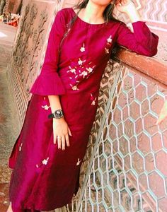 Wine Embroidered Kurta Set With Jhumkas