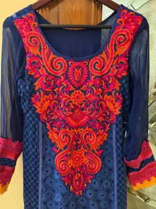 Vibrant Blue Embroidered Kurta with Lace Accents