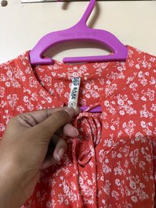 Boho Red Floral Print Tassel Tie Blouse