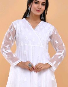 Branded White Organza Chikankari anarkali Kurta