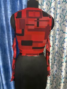 Red Geometric Print Mesh Top