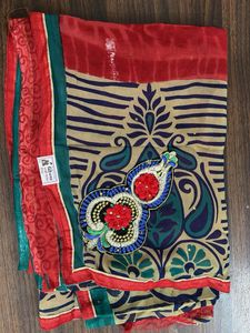 Beige & Red Printed Saree with Embellishment