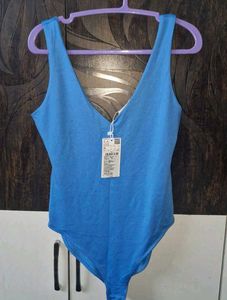 MANGO V-Neck Blue Bodysuit