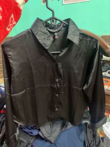 Chic Black Satin Button-Up Shirt