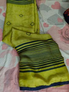 Vibrant Lime Green Saree with Striped Border