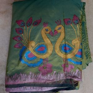 Olive Green Silk Saree with Peacock Motif