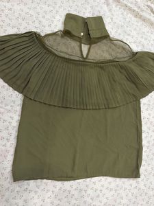 Olive Green Pleated Mesh Top