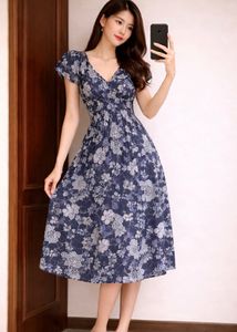 Floral Blue V-Neck Midi Dress