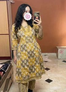 Mustard Yellow & Grey Block-Printed Kurti Set