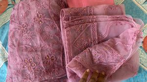 Pink Floral Embroidered Net UnStitched Suit
