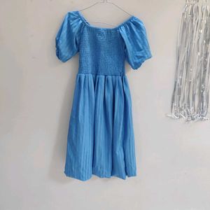 Blue Smocked Puff Sleeve Dress