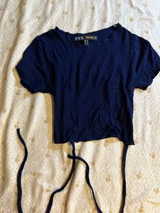 Navy Ribbed Tie-Front Crop Top