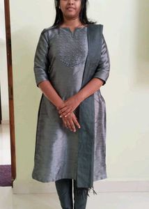 Elegant Slate Grey Handloom Silk Salwar Suit Set