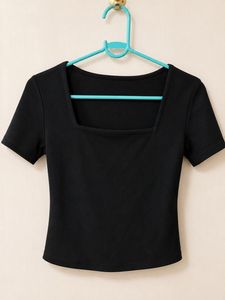 Ribbed Black Square Neck Top