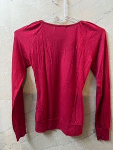 Chic Red Long Sleeve Gathered Neck Top