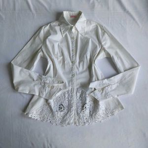 Elegant White Button-Down Shirt with Lace D