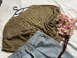 🎁Boho Olive Green Crochet Top C