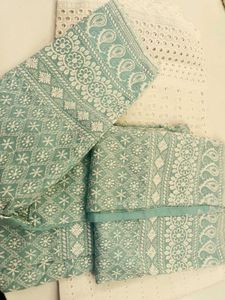 Beautiful White and Sea green Cotton Chikankari ku