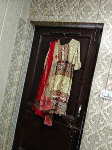 Red  Beige Embroidered Kurtas 2 and lower dupata