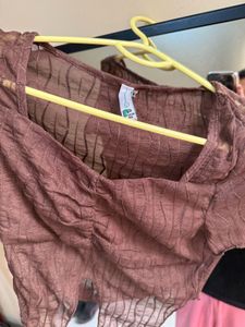NewMe Sheer Textured Square Brown Neck Top