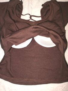 Brown Ribbed Back less Crop Top🤎